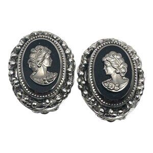 Vintage Whiting & Davis Silver-Tone Clip-On Cameo Earrings Signed